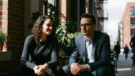 Portrait of a young couple sitting on a bench in the city.の素材