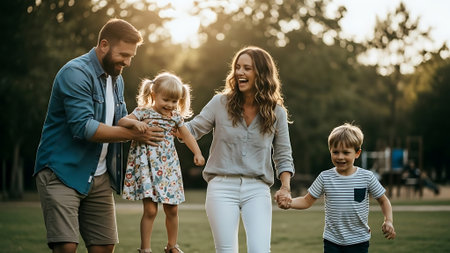 Happy family walking in the park. Mother, father and children having fun together.の素材