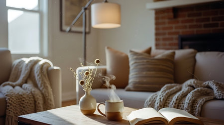Cozy living room with cozy sofa, coffee table, book and cup of hot drinkの素材