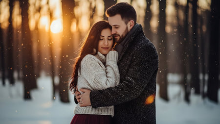 Young loving couple in a winter forest. Man and woman hug each other.の素材