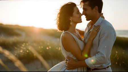 Romantic couple embracing on the beach at sunset. Bride and groomの素材