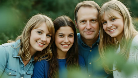 Portrait of a happy young family in the park. Selective focus.の素材