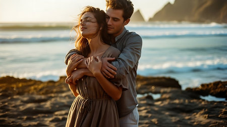 Young couple in love on the beach at sunset. Man hugs his girlfriend.の素材