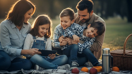 Happy family sitting on blanket in park and using tablet. Mother, father and children having picnic together.の素材