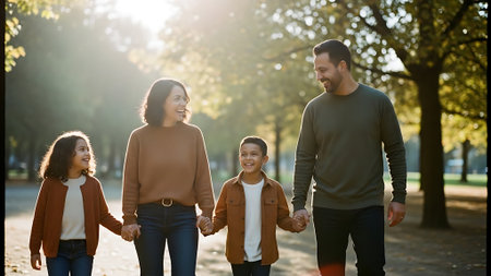 Happy young family holding hands and walking in the park on a sunny dayの素材