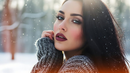 Portrait of beautiful young brunette woman in winter snowy forest.の素材