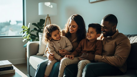 Happy family. Positive young woman looking at her daughters while sitting on the sofaの素材