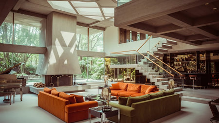 Interior of modern living room with orange sofa and brown armchairsの素材