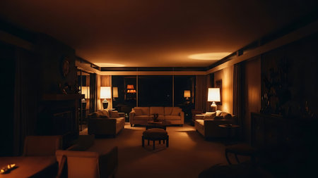 Interior of modern living room at night. Nobody inside. 3D renderingの素材