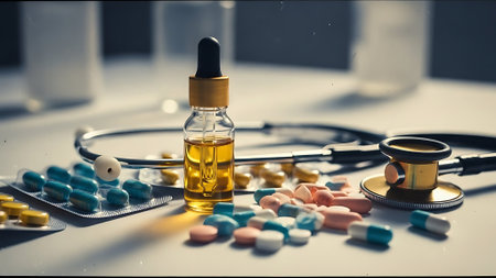 Stethoscope and ampoule with pills on table. Selective focusの素材