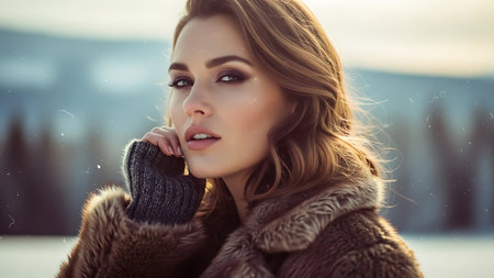 Beautiful young woman in a fur coat on the background of winter landscapeの素材