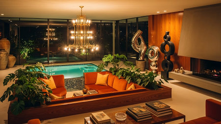 Luxury living room interior with swimming pool, comfortable orange sofa, armchair and books.の素材