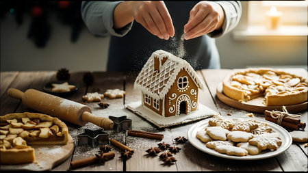 Close-up of woman's hands sprinkling flour on gingerbread houseの素材