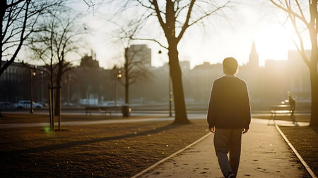 Person Walking Alone Through City Park at Sunriseの素材