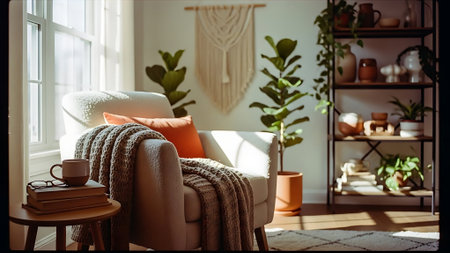 Cozy living room interior with armchair, coffee table, books and plantsの素材