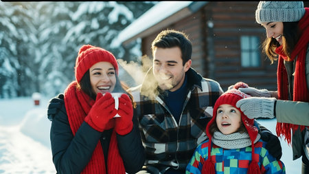 Happy family of three having fun in winter park. Smiling man and woman in warm clothing smoking a cigarette.の素材