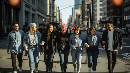 Group of young people walking in the city. They are wearing casual clothes.の素材