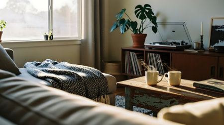 Interior of a living room with a sofa, coffee cup and plantsの素材