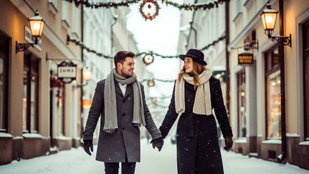 Beautiful young couple in winter clothes holding hands and walking in the city.の素材