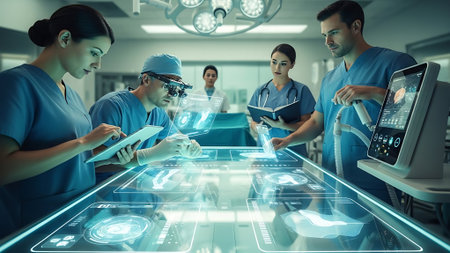 Medical team working with futuristic interface. Medical technology concept. Double exposureの素材
