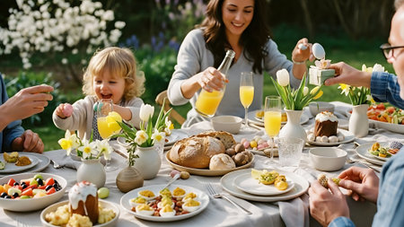 happy family having breakfast together at table in garden during easter timeの素材