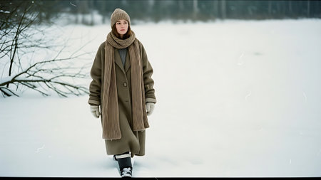 Portrait of a young beautiful woman in a beige coat in the winter forest.の素材
