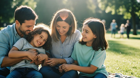 happy family with kids sitting on plaid in park on summer dayの素材