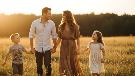 Happy family walking in the field at sunset. Mother, father and children.の素材