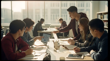 Group of young business people working and communicating together in the office.の素材