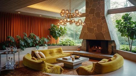 Interior of modern living room with yellow sofa, fireplace and plantsの素材