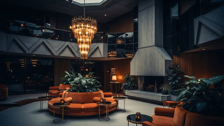 Interior of hotel lobby with orange armchairs, coffee tables and lampsの素材