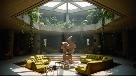 3d rendering of a modern living room with green sofa and plantsの素材