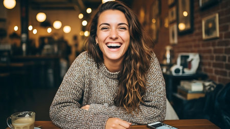 Portrait of a beautiful young woman laughing and using mobile phone in a cafeの素材