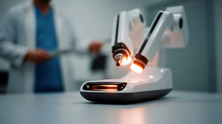 Close up of a microscope in a laboratory with a blurred doctor in the backgroundの素材