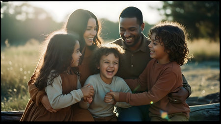Portrait of happy multiethnic family spending time together outdoors.の素材