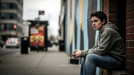 Young man sitting on a bench in the street with a mobile phoneの素材