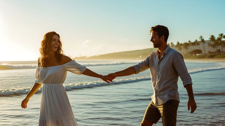 Happy young couple holding hands and walking on the beach at sunset.の素材