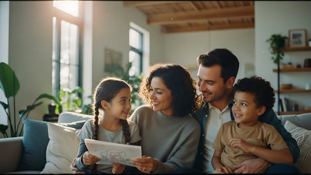 Happy family sitting on sofa in living room and using digital tablet. Mother, father and children looking at screen and smiling.の素材