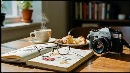 Coffee cup, croissant and camera on wooden tableの素材