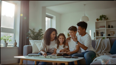 Portrait of happy family sitting on sofa in living room at homeの素材