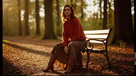 Beautiful young woman sitting on a bench in the autumn park.の素材