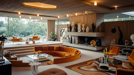 Interior of a modern living room with orange sofa and coffee tableの素材