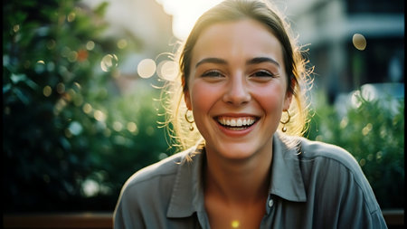 Portrait of a beautiful young woman laughing and looking at the camera.の素材