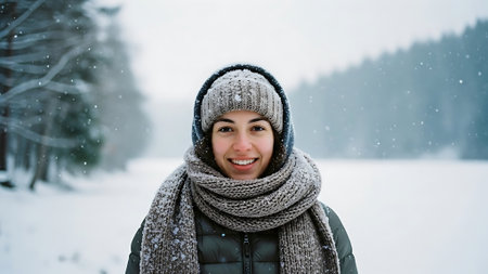 Portrait of a beautiful young woman in a knitted hat and scarf on a background of winter forestの素材