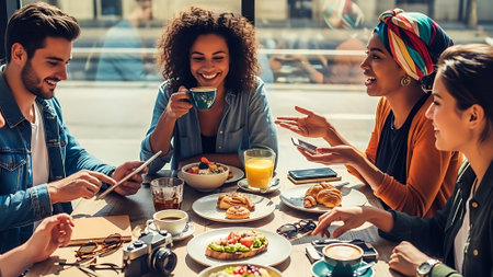 Multiethnic friends having breakfast in cafe. Group of young people in casual clothes having breakfast together.の素材