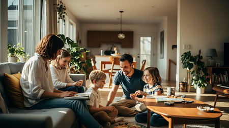 Happy family of four is spending time together at home. They are sitting on the floor and smilingの素材