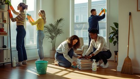 Group of happy young people in their new apartment. They are cleaning the room.の素材