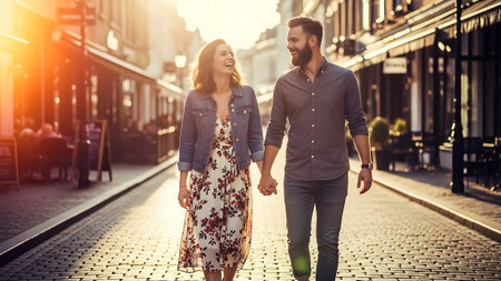 Beautiful young couple is walking in the city. Man and woman are holding hands.の素材