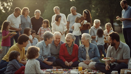 Group of happy senior people having picnic in the park on a sunny dayの素材