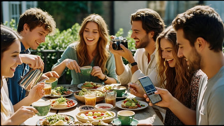 Group of young friends having lunch together and using mobile phone in a restaurantの素材